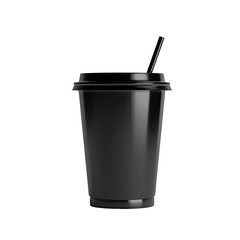 Black disposable coffee cup with lid and straw