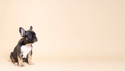 ミニマルなクリーム色背景に元気なフレンチブルドッグの子犬が座り、柔らかな自然光が優しく包み込む清楚なビジュアル


