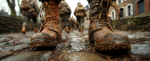 The Determined March of Soldiers in Military Boots on Cobblestone Pathway