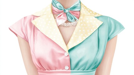 Close-up of a woman's pastel pink and mint green dress featuring a notched collar, polka dots, a silk bow 