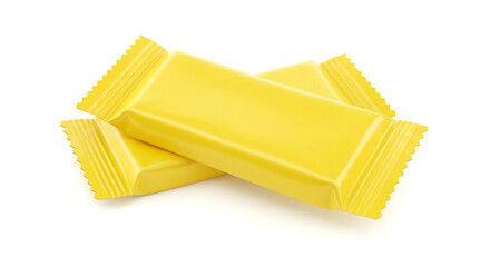 Two yellow candy bars are stacked, showcasing their glossy wrappers and serrated edges, ideal for snack, treat, or confectionery-themed designs.
