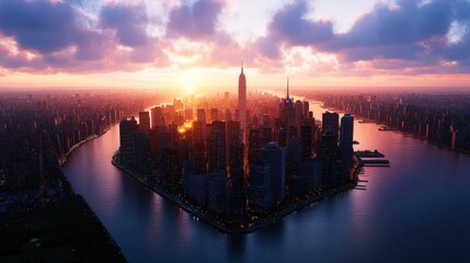 Naklejka premium A Stunning View of a Large City Skyline at Sunset with Tall Skyscrapers and River in the Foreground