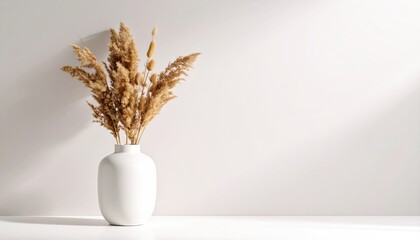 Minimalist interior still life featuring dried reeds in a white ceramic vase