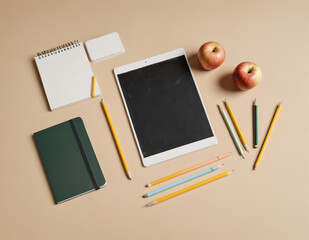 school supplies on a wooden table