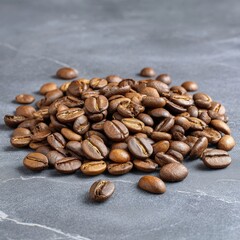 Naklejka premium Pile of roasted coffee beans on dark textured background, close-up view of fresh aromatic coffee seeds for brewing and morning rituals, detailed macro photography