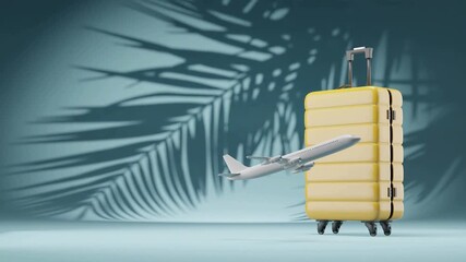 A yellow suitcase and miniature airplane are set against a blue backdrop with a tropical palm leaf shadow, evoking concepts of travel, vacation, and summer getaways. - Powered by Adobe
