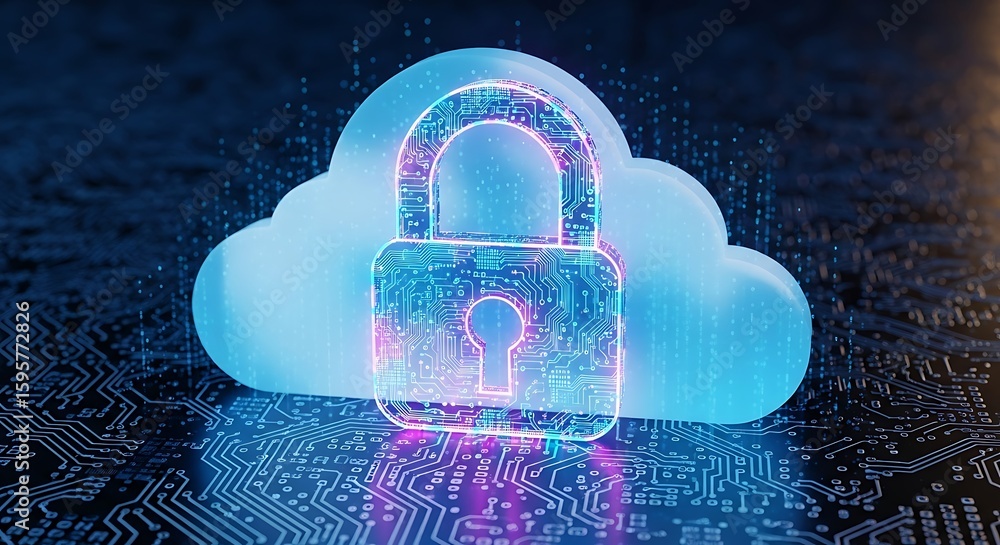 Poster cloud security concept with a glowing padlock and circuit board background for data protection