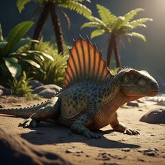 A detailed illustration of a Dimetrodon, a prehistoric reptile, resting on a sandy beach with palm trees in the background.