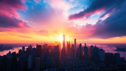 Fototapeta premium Breathtaking view of a city skyline du vibrant sunset with colorful clouds and tall skyscrapers