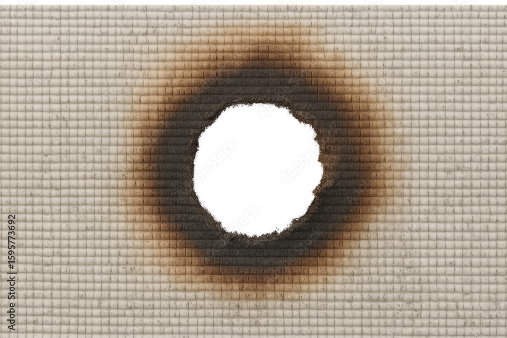 Poster burned hole creating a transparent circle in a textured material, ideal for compositing and adding d