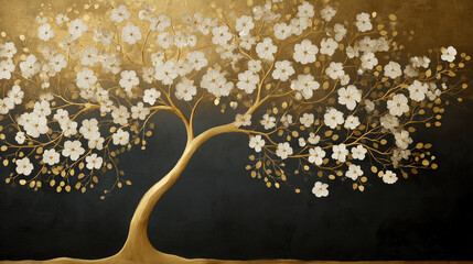 artwork of a stylized tree with a sleek, golden trunk that gracefully curves. golden tree with white flowers