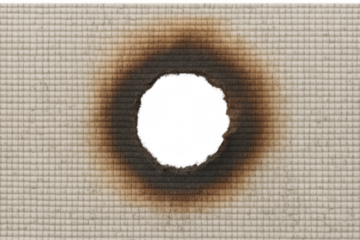 Burned hole creating a transparent circle in a textured material, ideal for compositing and adding depth to designs