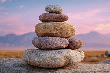Zen stone stack balanced on a rocky surface with a soft sunset sky and distant mountains