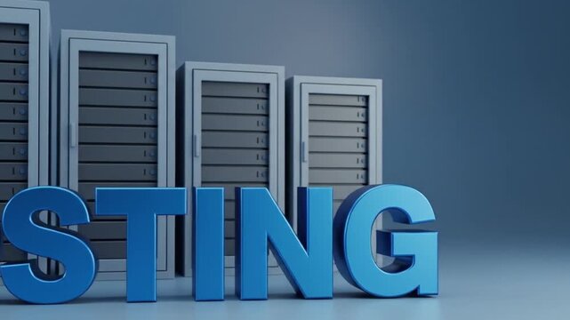 3D blue text 'HOSTING' in front of a row of server racks in a data center.