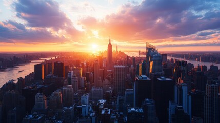 Breathtaking aerial view of New York City skyline at sunset with iconic skyscrapers and vibrant sky