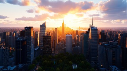 Fototapeta premium Vibrant city skyline at sunset with towe skyscrapers and glowing clouds over urban landscape