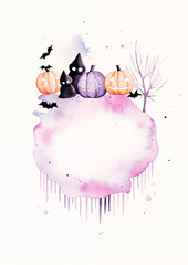 pastel watercolor hallowen frame pumpkins squash jack-o-lantern ghosts bats gothic card party invitation book cover design space for copy text orange purple black pink