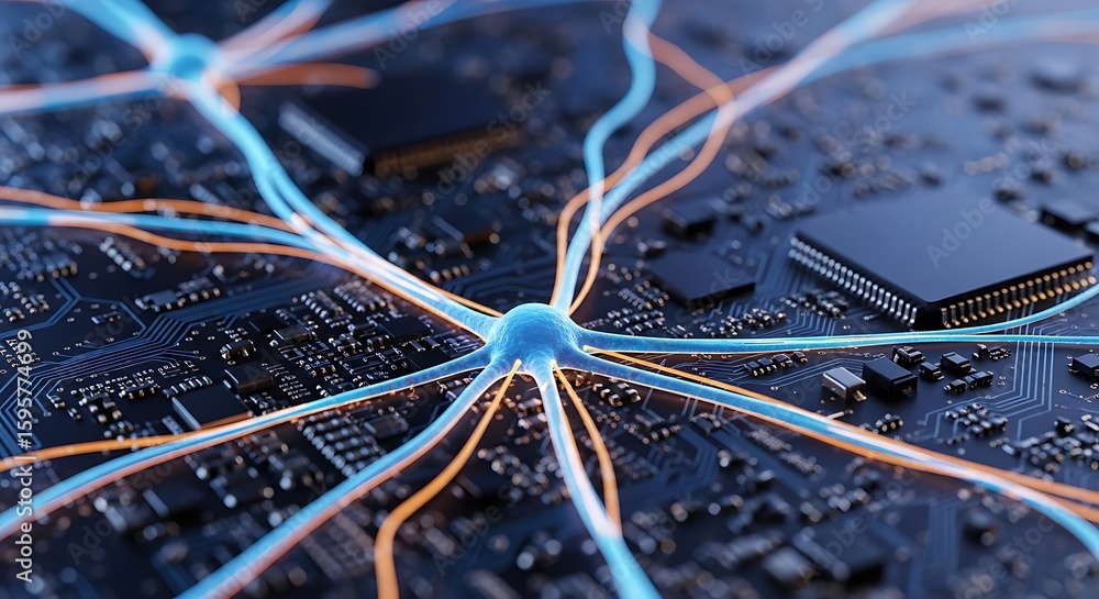 Aufkleber close up of a circuit board with blue and orange lines connecting to a central blue node point