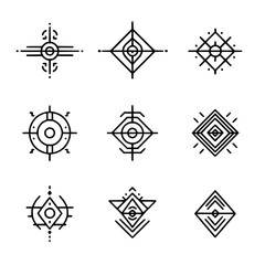 Collection of nine geometric designs featuring circles, squares, and triangles in a minimalist style