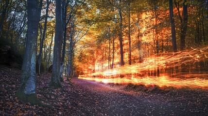 Obraz premium Forest road glowing with long exposure light lines
