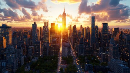 Fototapeta premium Stunning sunset over New York City skyline with tall skyscrapers and vibrant clouds illuminating cityscape