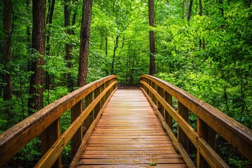 Nature walk along wooden bridge in quiet woodland