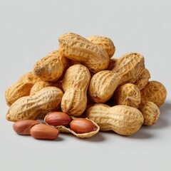A pile of roasted peanuts in their shells with a few opened to reveal the nuts inside