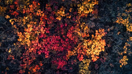 Hyper-realistic aerial photograph capturing the expansive autumn canopy near MacTier, Ontario, bathed in soft moonlight. The vibrant reds, oranges, and yellows of the foliage create a mesmerizing tape