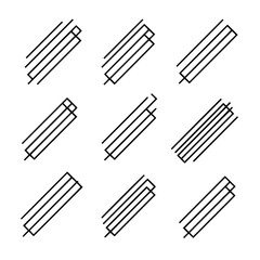 Arrangement of nine minimalist abstract geometric shapes with parallel lines and rectangular elements design