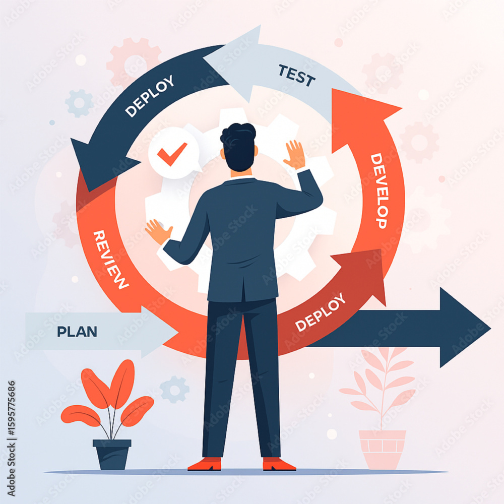 Poster illustration of a software development lifecycle showing stages and a person in a suit managing the 