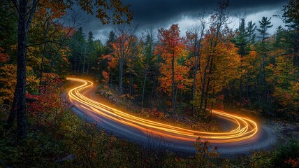 Naklejka premium Road bending through vibrant trees with light streaks
