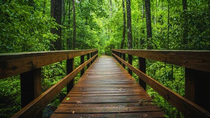 Forest footbridge surrounded by summer greenery