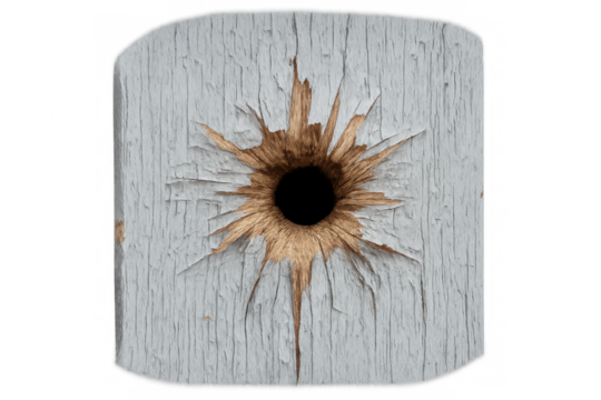 Bullet puncturing painted wooden surface, generating radial fracture pattern with splintered edges against transparent backdrop