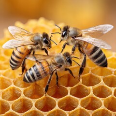 Close-up of three honey bees on a honeycomb with detailed wings and fuzzy bodies in vibrant natural colors