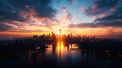 Naklejka premium City skyline at sunset with vibrant colorful clouds and reflections over water in urban landscape view