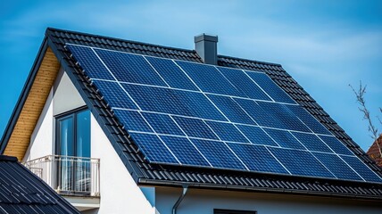 Fototapeta premium Rooftop solar panels on suburban home under clear blue sky