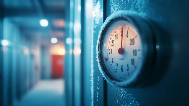 Temperature measurement in a cold storage facility highlighting frosty conditions and precise readings in the corridor
