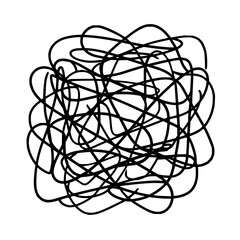 A chaotic tangle of black lines forming a dense, abstract scribble against a white background space now visible
