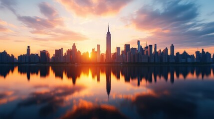 Obraz premium Stunning city skyline silhouette du sunset with dramatic colorful sky and reflected water view