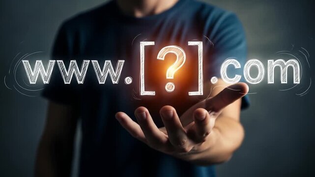 A person holds a glowing digital interface showing a website address with a question mark representing the domain name.