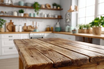 Rustic wooden table in a bright sunlit kitchen with plants and window view