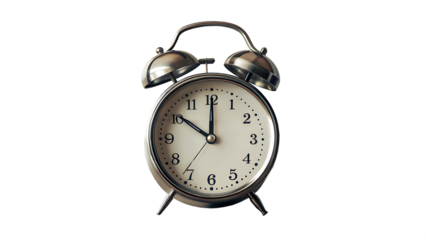 a classic alarm clock with an analog face and twin transparent background
