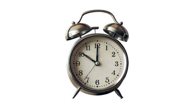 a classic alarm clock with an analog face and twin transparent background