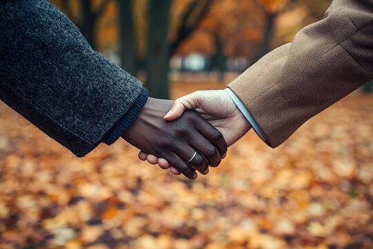 Interracial couple holding hands in fall landscape