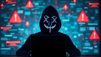 Person in mask using laptop with warning signs behind