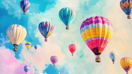 Vibrant hot air balloons flying over rainbow skies