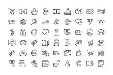 Collection of E commerce and Shopping Icon Set Outline Style Black and White