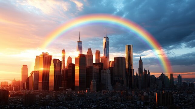 Majestic city skyline silhouette du vibrant rainbow with sunset and storm clouds over downtown