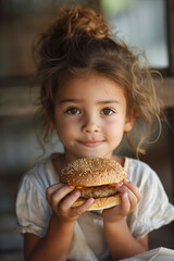  Delightful little girl enjoying a hamburger