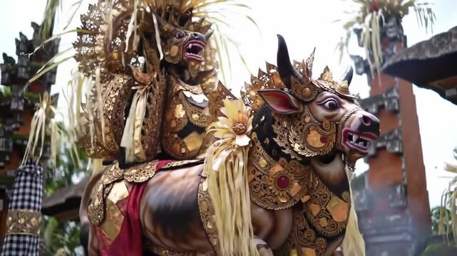 Balinese ceremonial figures in elaborate costumes religious procession rich colors and textures